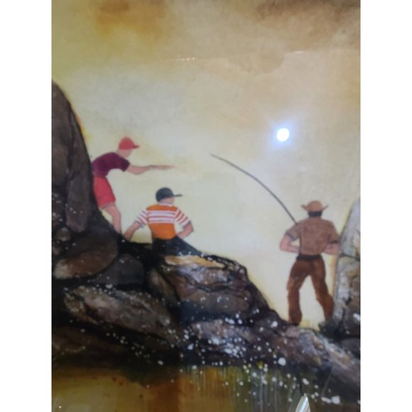 Signed Watercolor Framed Fishing Scene - Picture 10 of 12